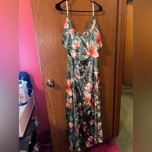 Floral Tropical Strapless Maxi Dress in Green and Coral